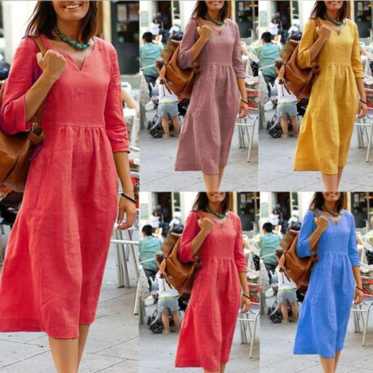 Robe mi-longue d'été en coton et lin à col en V pour femme grande taille