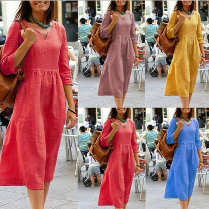 Robe mi-longue d'été en coton et lin à col en V pour femme grande taille