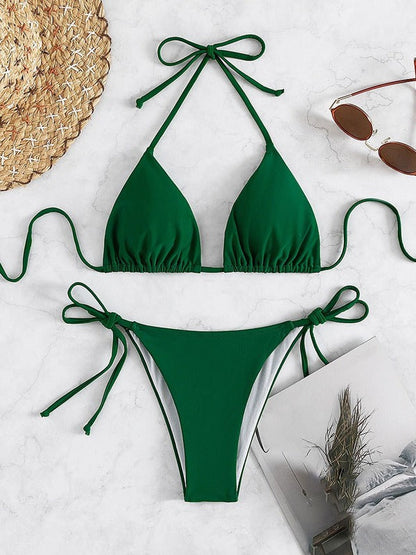 Bikini sexy de cuello halter de color sólido a la moda para mujer