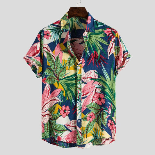 Camisa informal de verano con solapa y estampado floral hawaiano para hombre