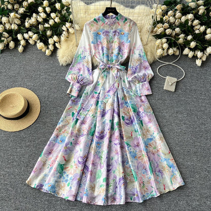 Vestido elegante con estampado floral y farol para mujer