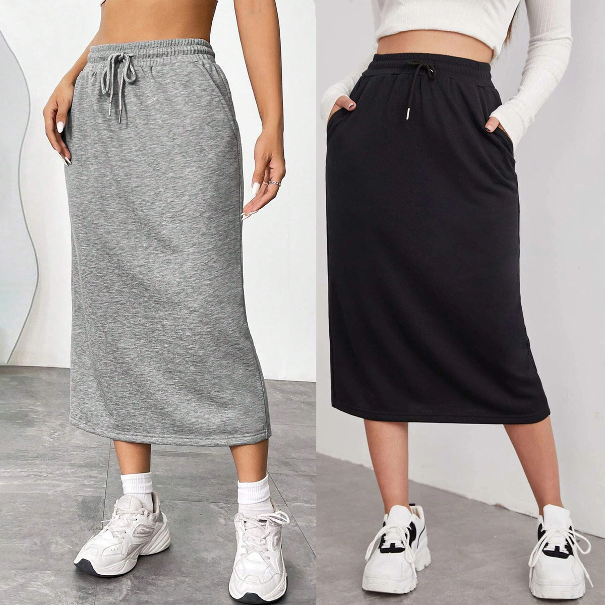 Women Casual Solid Color Polyester Midi Skirt