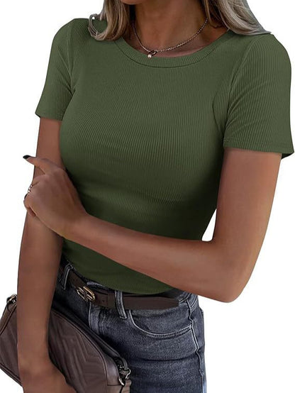 Camiseta de manga corta con canalé elástico de color liso para mujer