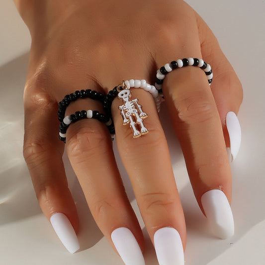 Bagues midi en perles noires et blanches pour femme, motif tête de mort, mignonnes, pour Halloween