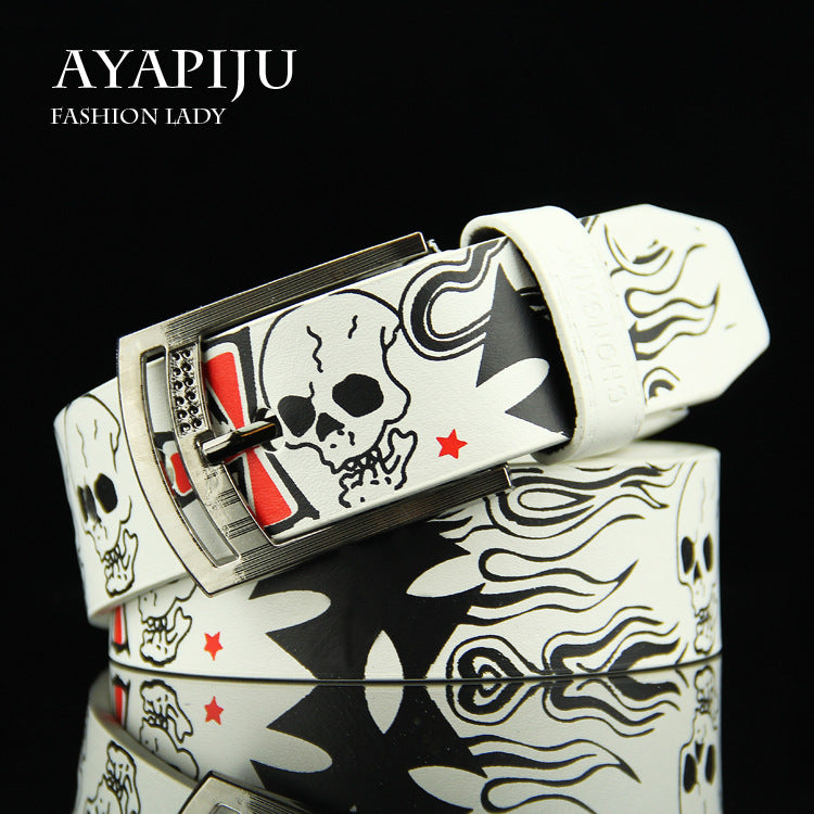 Ceinture en similicuir à boucle ardillon avec tête de mort créative et tendance