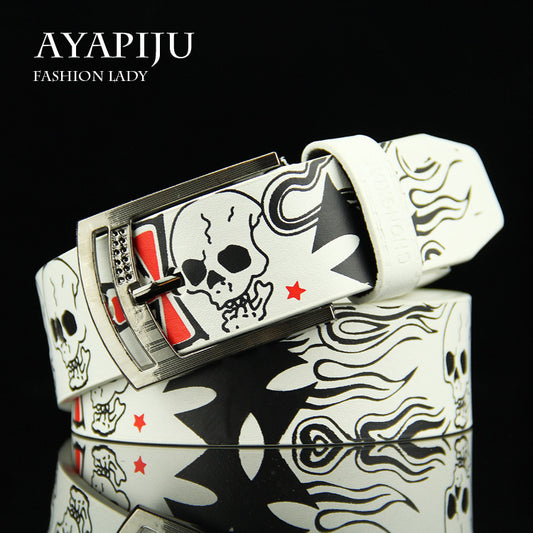Ceinture en similicuir à boucle ardillon avec tête de mort créative et tendance