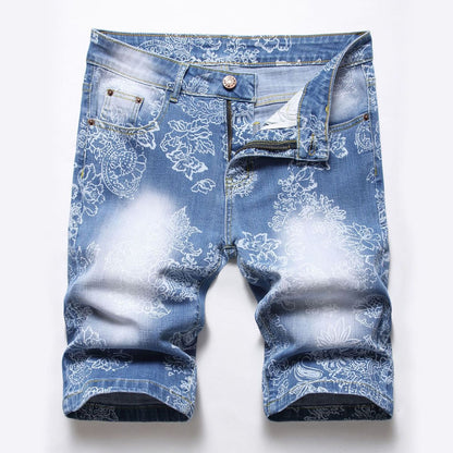 Pantalones cortos vaqueros con estampado elástico informal a la moda para hombre