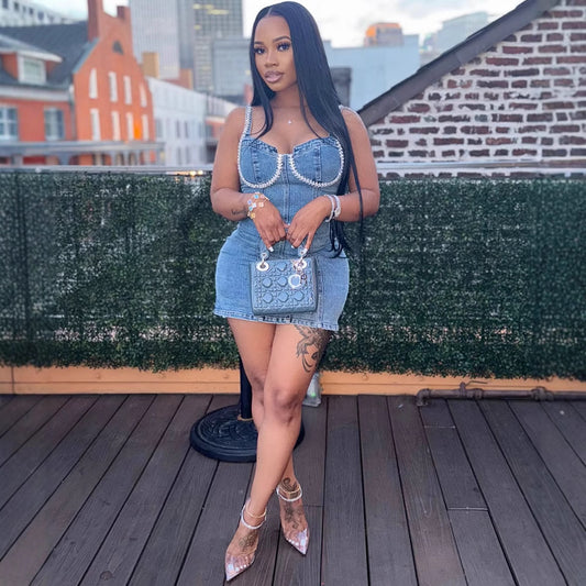 Women Fashion Sexy Rhinestone Spaghetti Strap Denim Dress