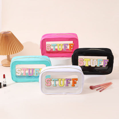 Bolsa de cosméticos impermeable de PVC transparente con letras bordadas