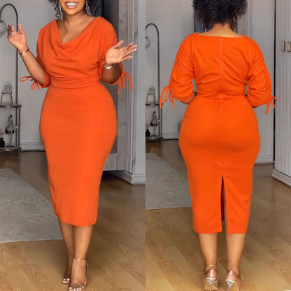 Women Fashion Solid Color Sleeve Drawstring Midi Bodycon Dress
