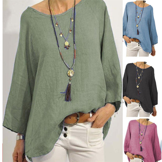 Blusa informal de lino y algodón de color liso de talla grande