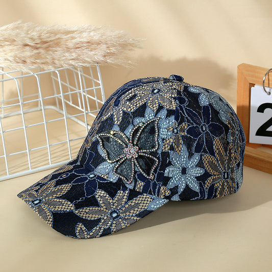 Gorra de béisbol con mariposas y encaje de diamantes de imitación para mujer