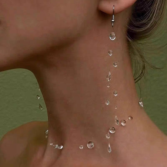 Simple Waterdrop Transparent Beads Tassel Earrings Necklace Set