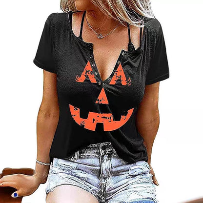 Camiseta de manga corta de algodón con estampado de linterna de calabaza de Halloween