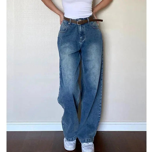 Women Retro Loose High Waist Straight Jeans