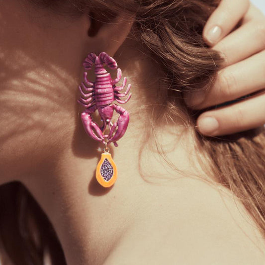 Boucles d'oreilles pendantes vintage en émail motif homard
