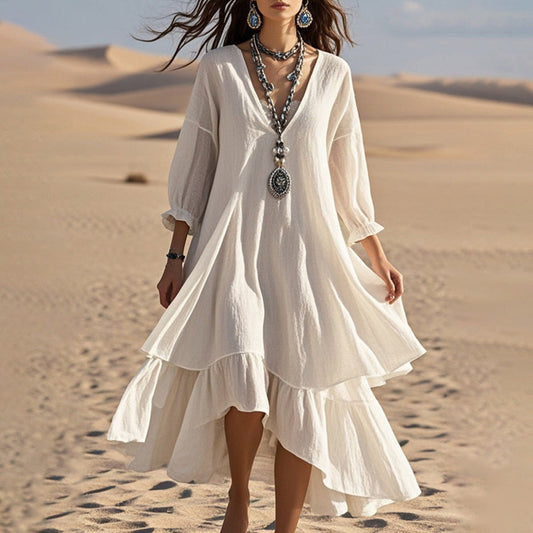 Robe bohème à col en V en coton et lin pour femme