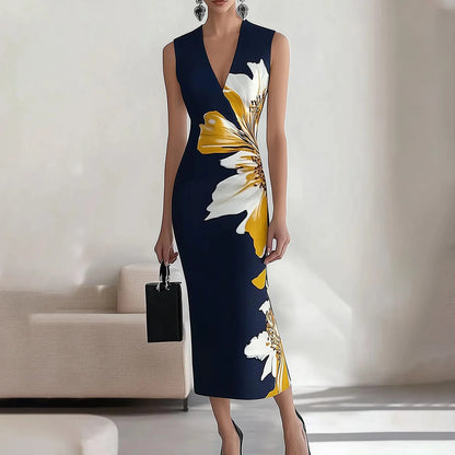 Robe mi-longue élégante à imprimé floral et col en V sans manches pour femme