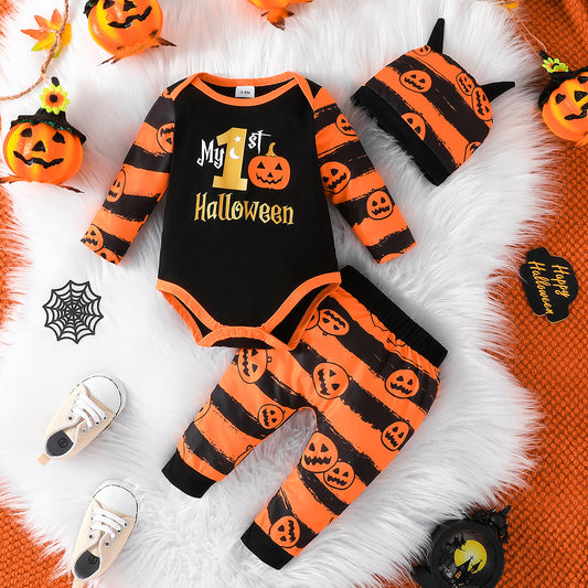 Kids Baby Boys Girls Halloween Pumpkin Letter Romper Set
