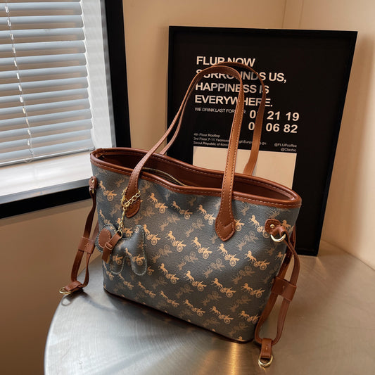 Bolso de mano de PU de gran capacidad con estampado retro a la moda para mujer para uso diario