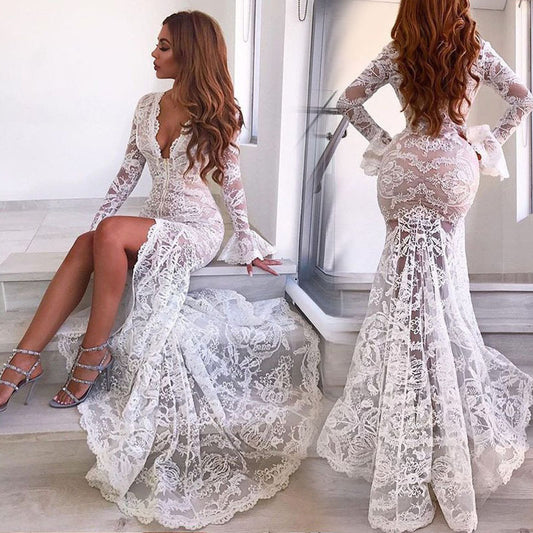Vestido largo con escote en V profundo y encaje sexy a la moda para mujer
