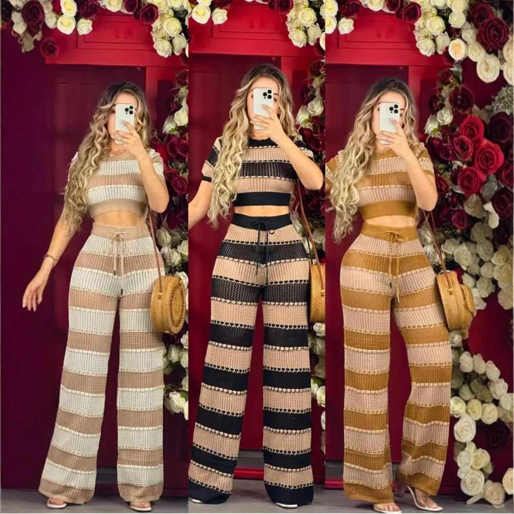 Women Fashion Contrast Color Stripe Two-Piece Set
