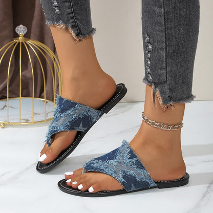 Pantuflas planas de mezclilla de moda para mujer de talla grande