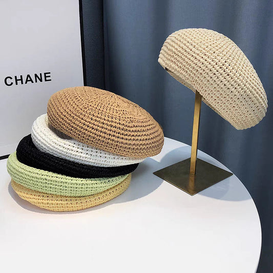 Béret tissé en paille respirant et décontracté pour femme, à la mode pour l'été