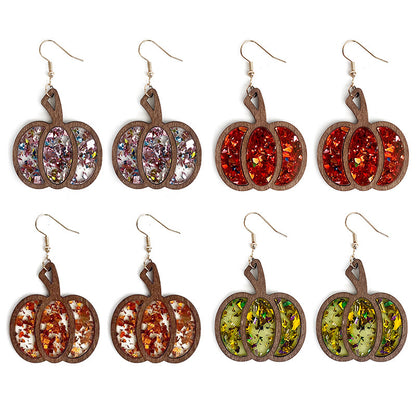 Pendientes de madera con forma de calabaza y purpurina para Halloween para mujer