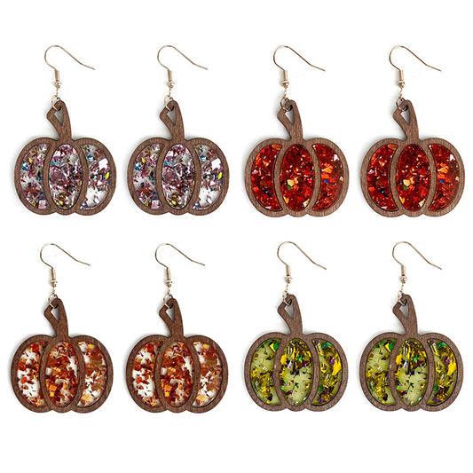 Pendientes de madera con forma de calabaza y purpurina para Halloween para mujer