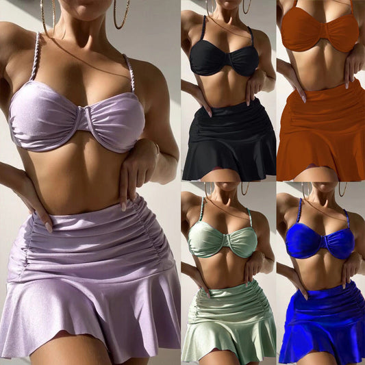 Conjunto de traje de baño plisado de color sólido de moda para mujer