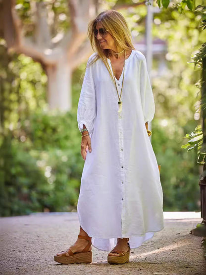 Vestido largo elegante de lino y algodón informal a la moda para mujer