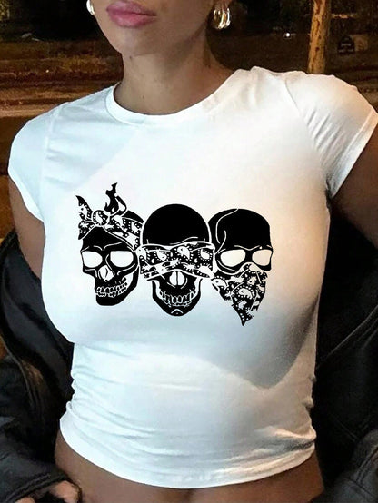 Camiseta de manga corta con estampado de calavera punk hip-hop callejero Y2K