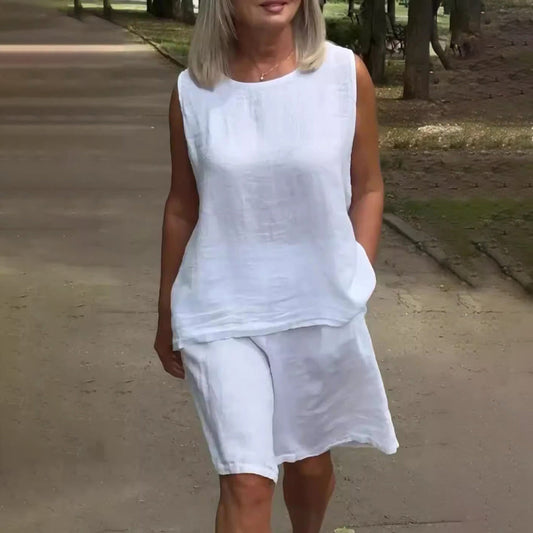 Conjunto de camiseta sin mangas informal de algodón y lino para mujer