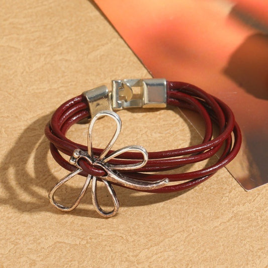 Women Fashion Retro Craft Rope Multi Layer Alloy Hollow Dragonfly Bracelet
