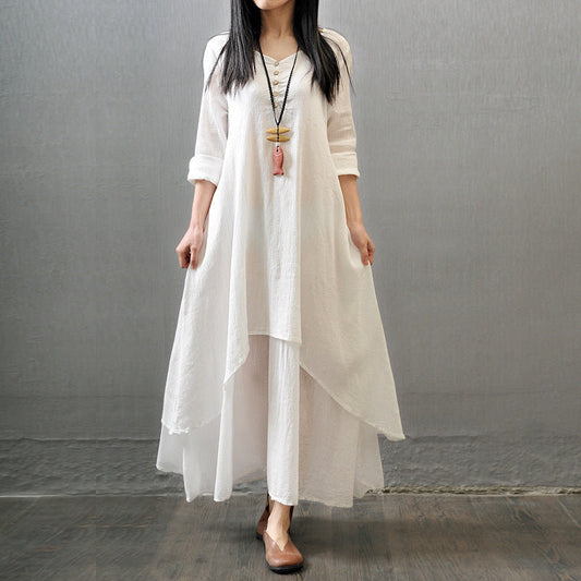 Women Fashion Literary Solid Color Linen Dress