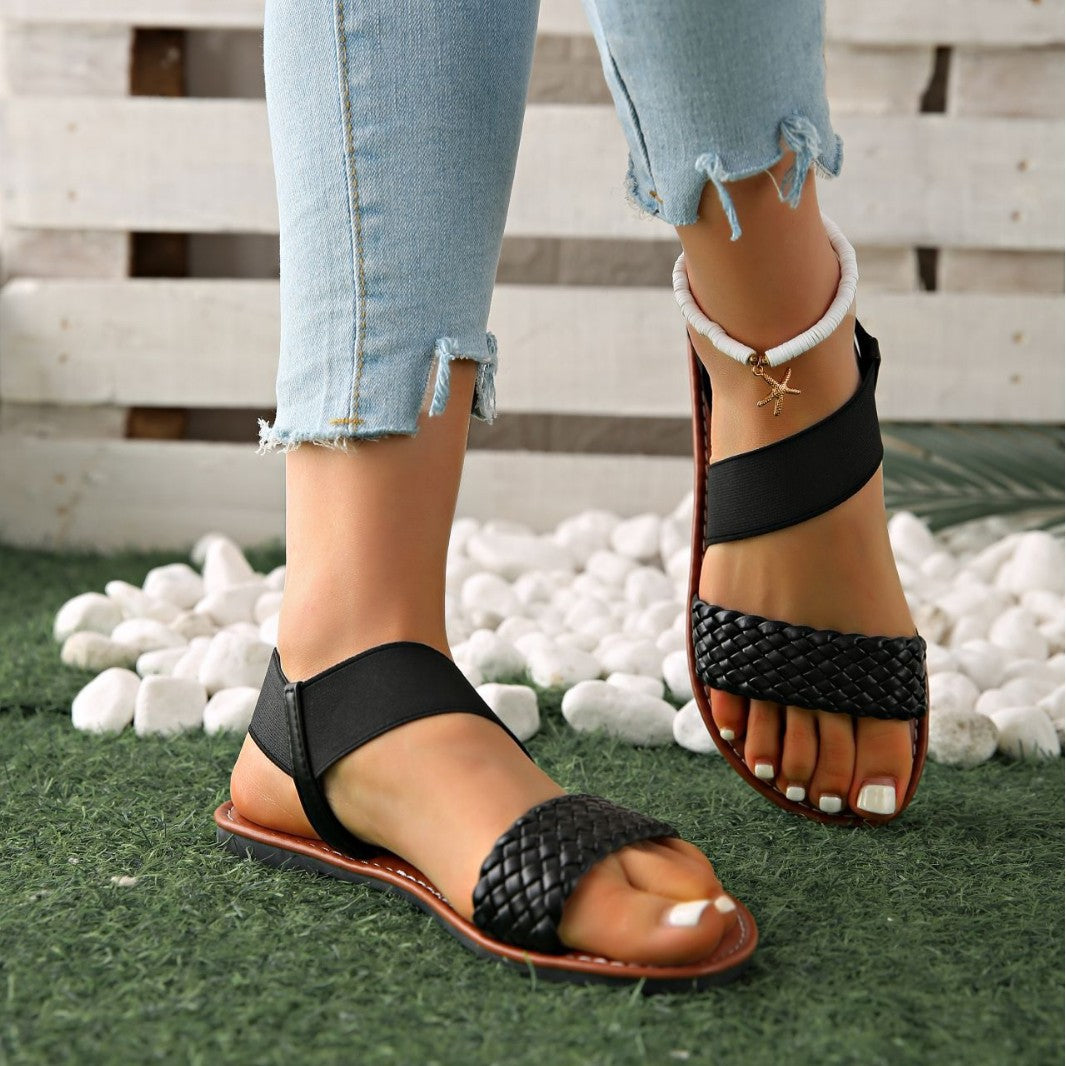Sandales plates simples de couleur unie pour femmes, grande taille