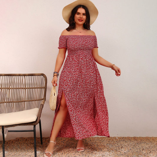 Women Casual Floral Print Off Shoulder Split Dress Polyester Elegant Long Sleeve
