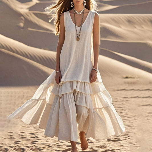 Robe bohème décontractée en coton et lin pour femme