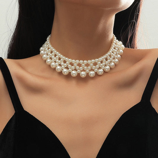 Collier ras du cou bohème fait main en perles d'imitation pour femme
