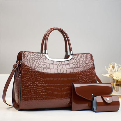 Conjunto de bolso de mano de charol con estampado de cocodrilo de color liso informal para mujer