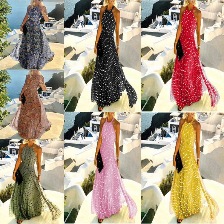 Women Fashion Casual Boho Polka Dot Printing Sleeveless Maxi Dress
