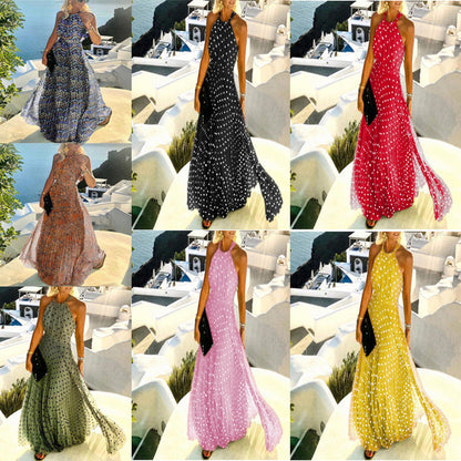Women Fashion Casual Boho Polka Dot Printing Sleeveless Maxi Dress