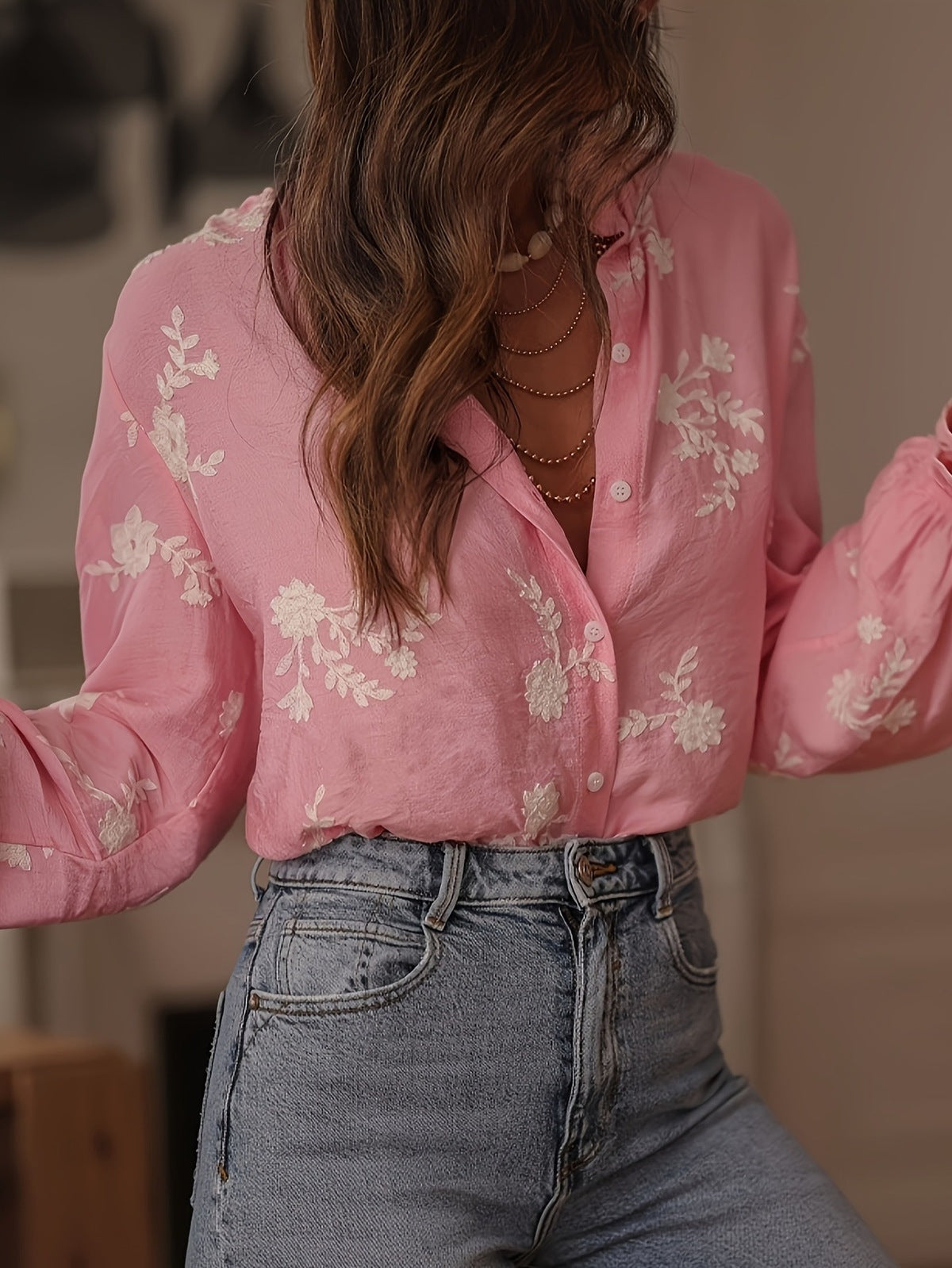 Women Long Sleeve Embroidered Floral Shirt with Lantern Sleeves