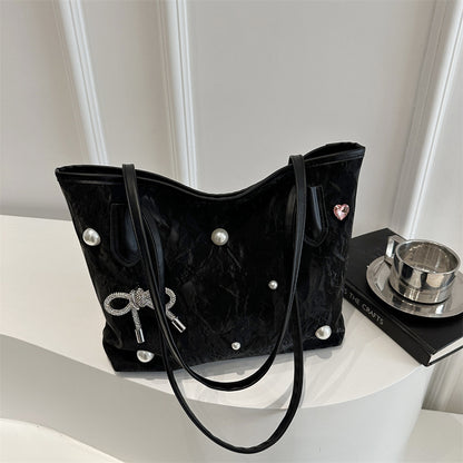 Bolso de mano elegante con lazo de perlas y gran capacidad en color sólido para mujer