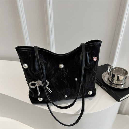 Bolso de mano elegante con lazo de perlas y gran capacidad en color sólido para mujer