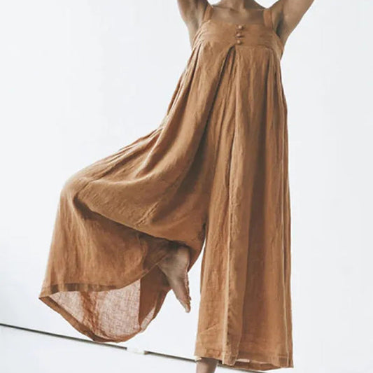 Women Fashion Casual Solid Color Cotton Linen Jumpsuits