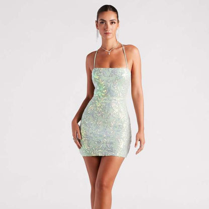 Robe sexy à paillettes et col licou pour femme