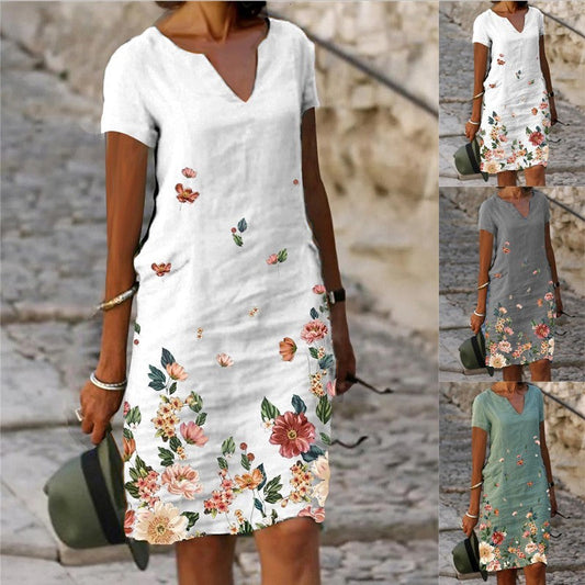 Vestido informal de mujer con estampado floral, manga corta y cuello en V