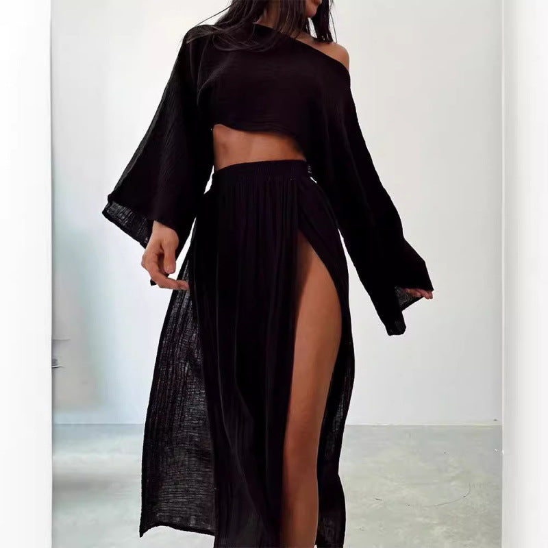 Women Casual Solid Cotton Linen Long Sleeve Crop Top and Skirt Set